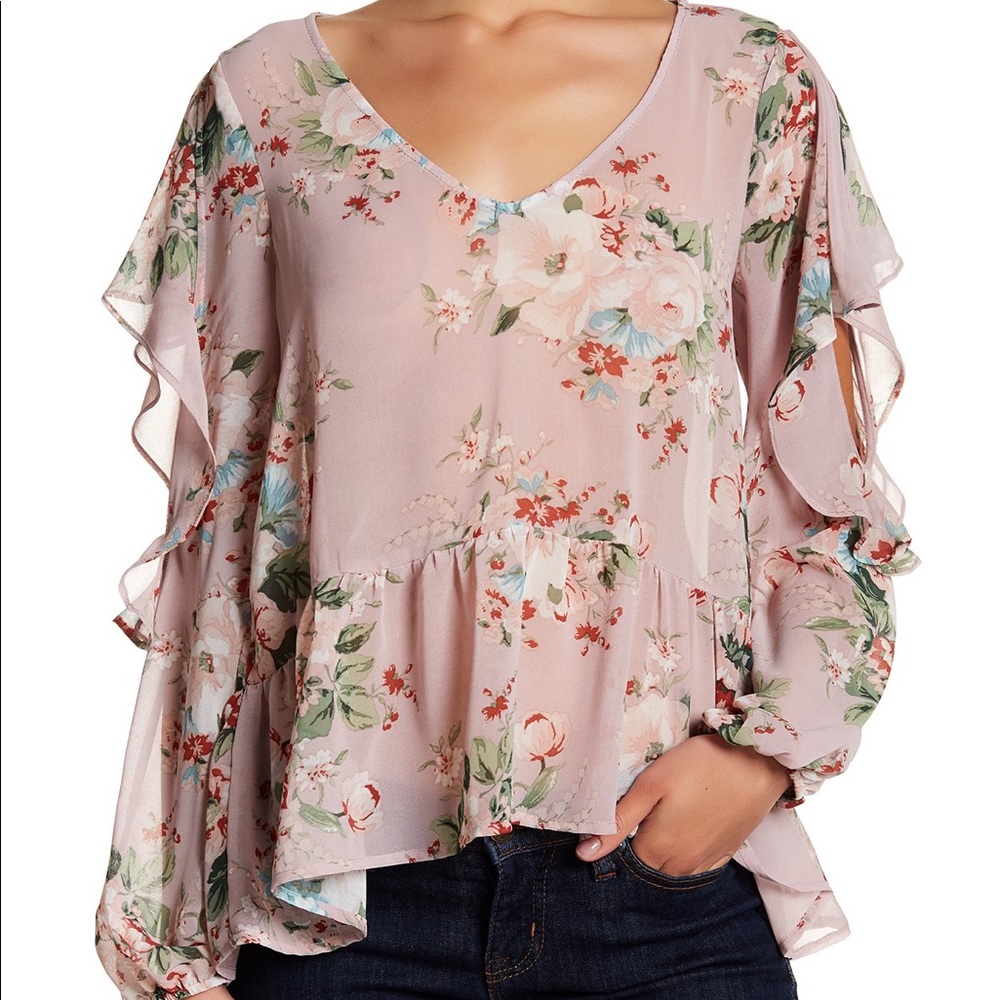 Halogen Ruffle Cold Shoulder Peplum Blouse L